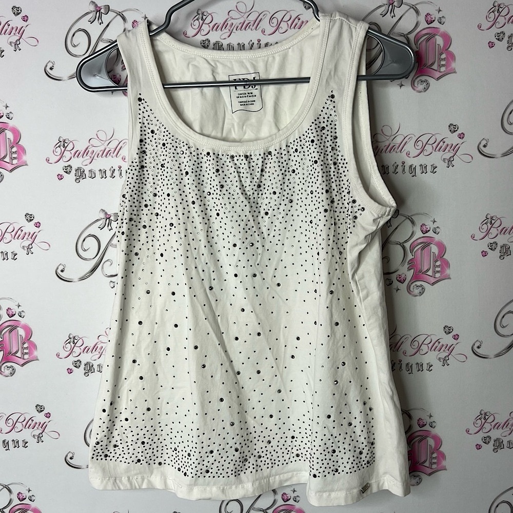 FDJ tank top rhinestone studded silver white Cream Sequin Tank Top Sleeveless